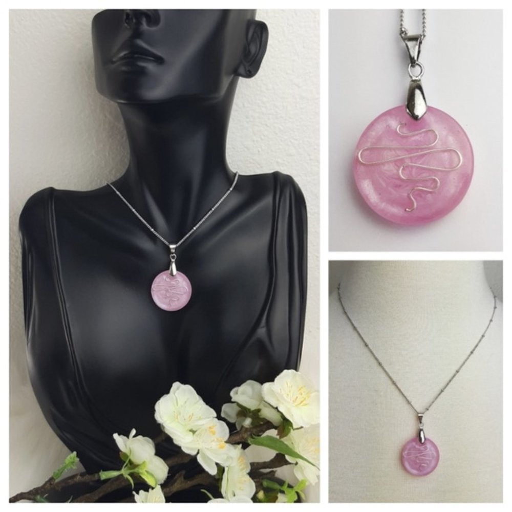 Pastel Pink Pendant Necklace Floating Swirl Handmade Round Shimmering Resin